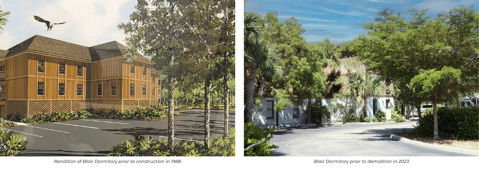 Comparison of Blair dormitory rendition and current building