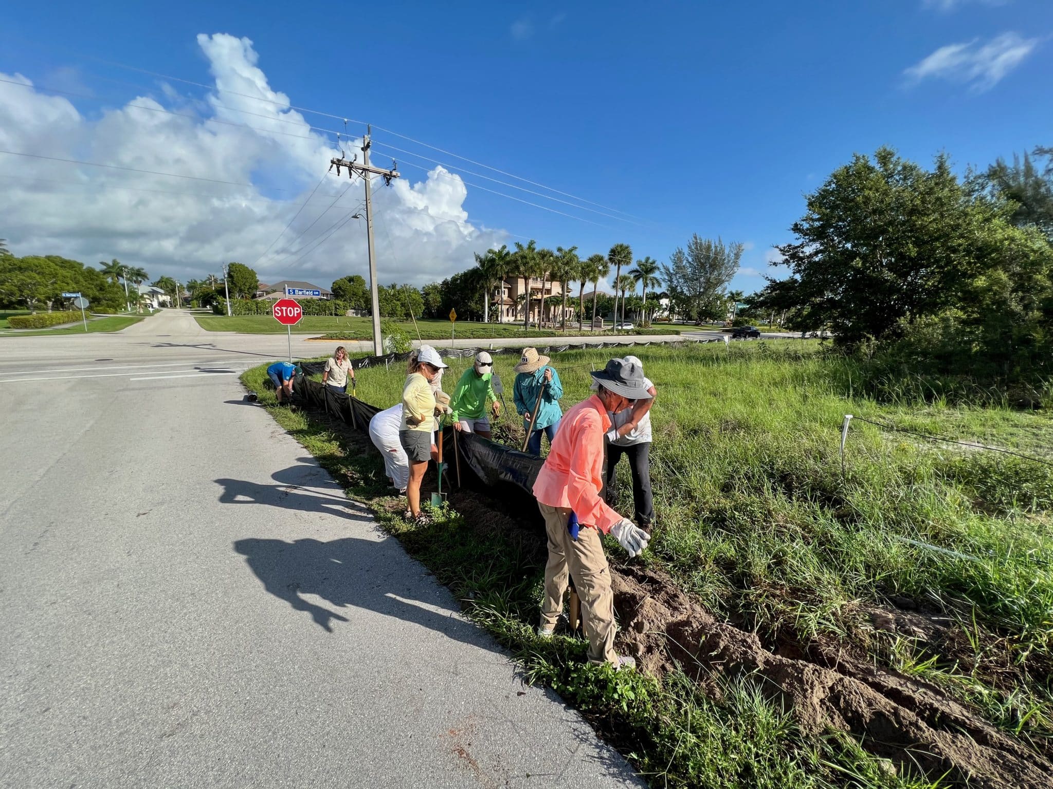 The volunteers work together to unroll and place the protective silt fence along the corner of Hawaii Drive and South Barfield Drive in Marco Island.