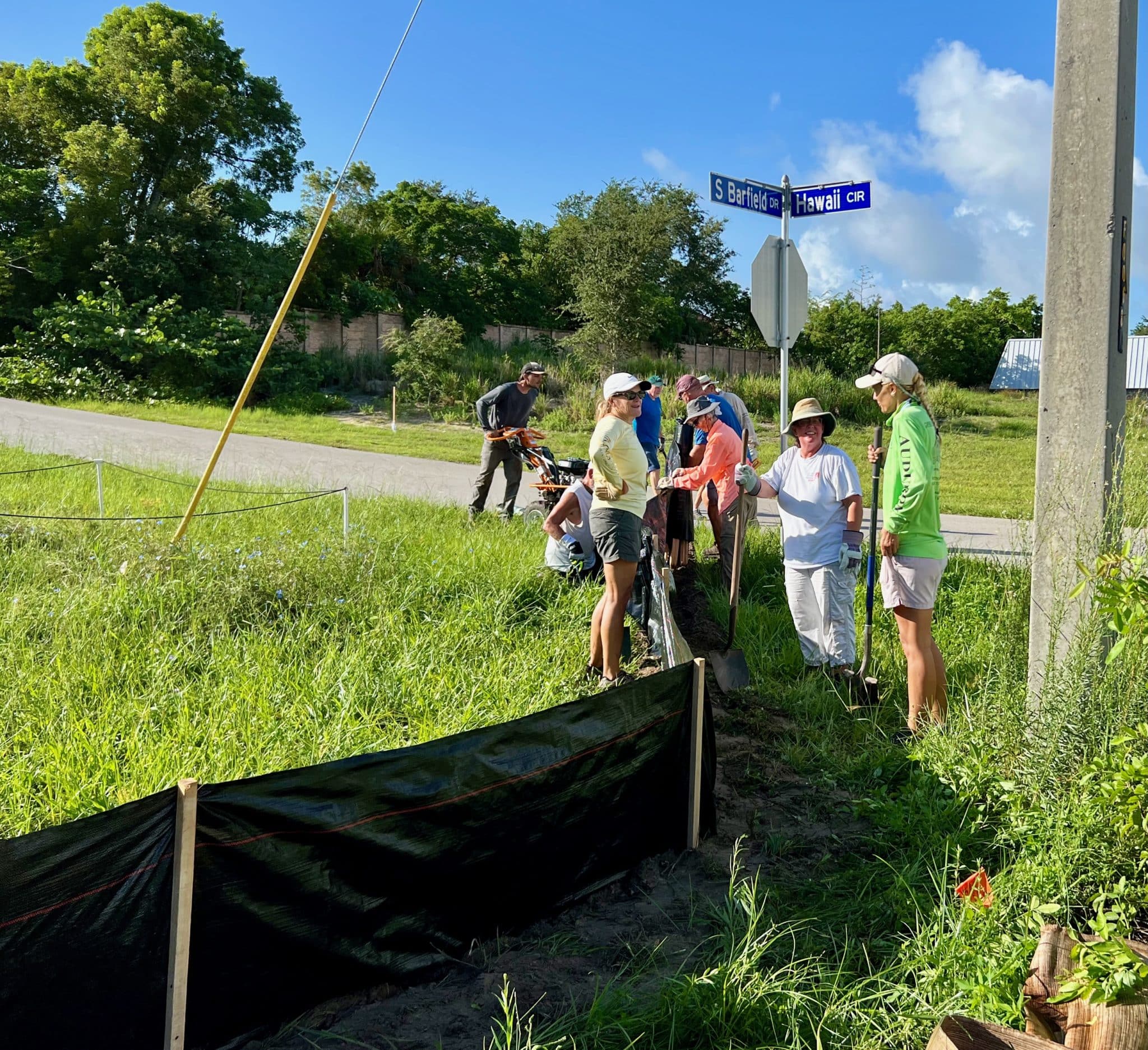 Volunteers team up to build a silt fence along South Barfield Drive in Marco Island as a solution for preventing Gopher tortoise injuries.