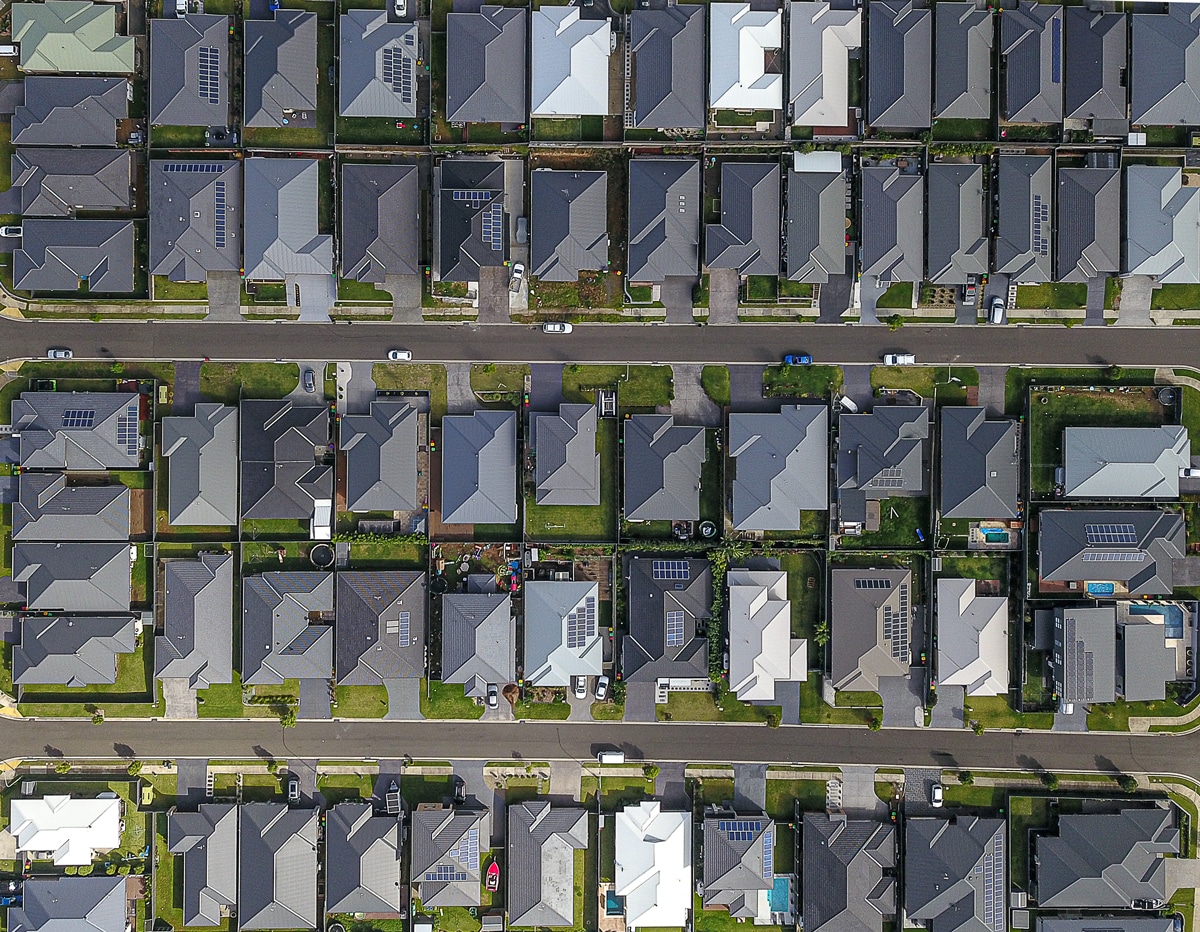 Aerial view of homes packed together