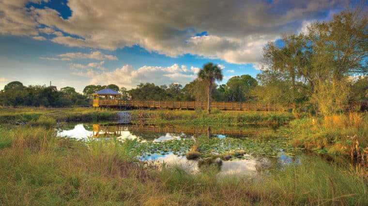 Landscape photo of the Conservancy bridge entrance.