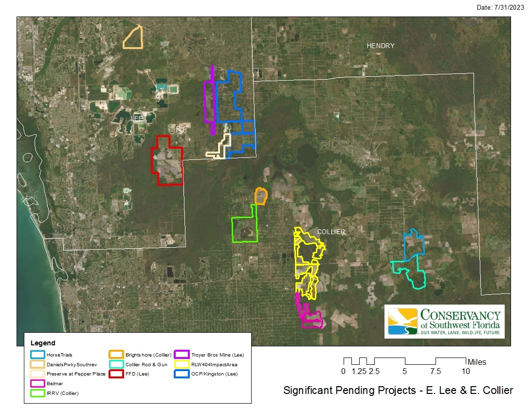 Map highlighting proposed developments in eastern Collier and Lee counties