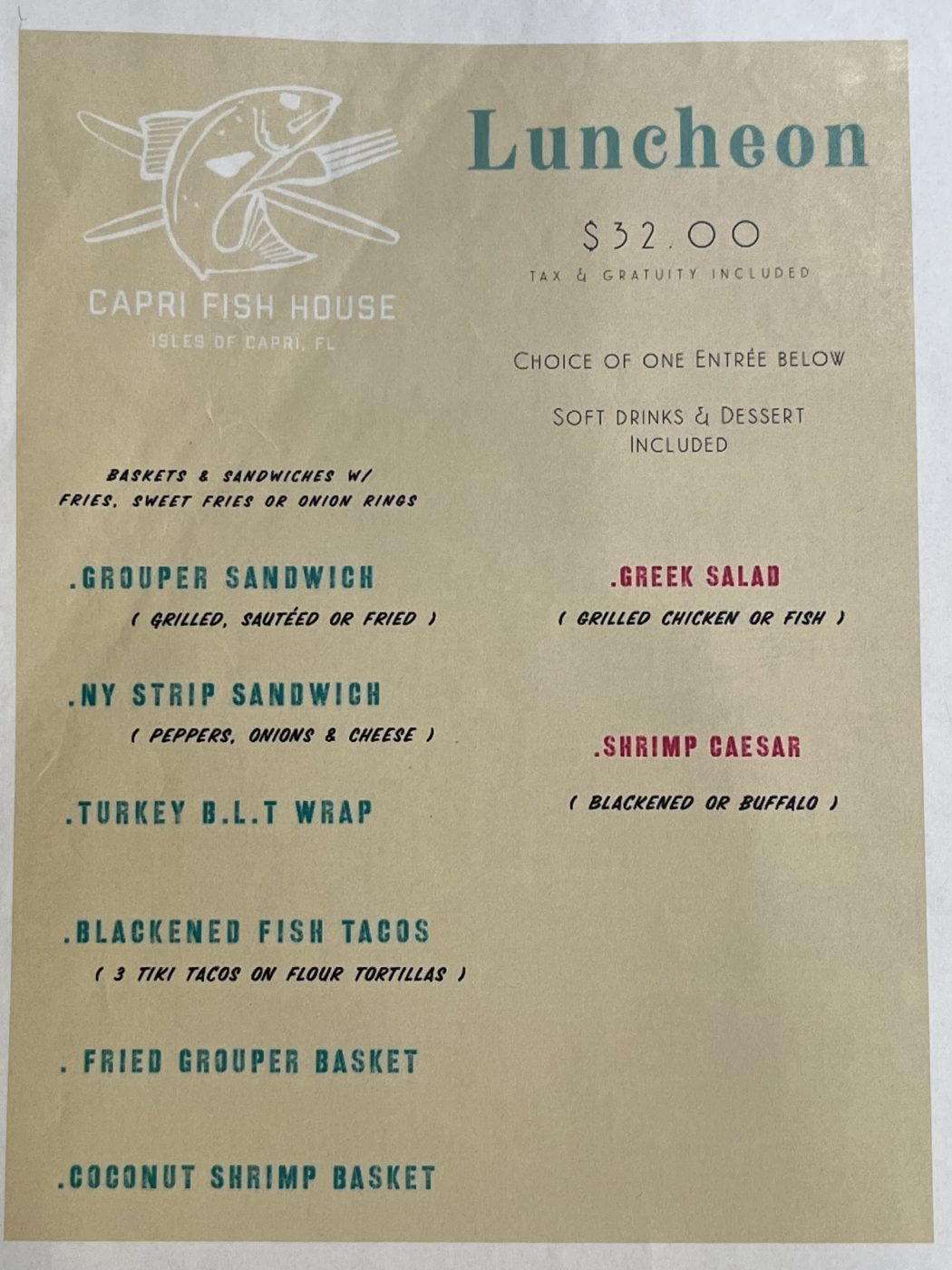Capri Fish House Menu | Conservancy of Southwest Florida